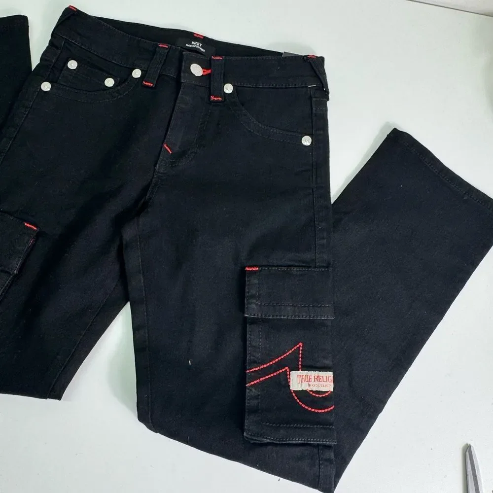 True Religion Black Kids Cargo Jeans with Red Stitching Sz 6 NWT
